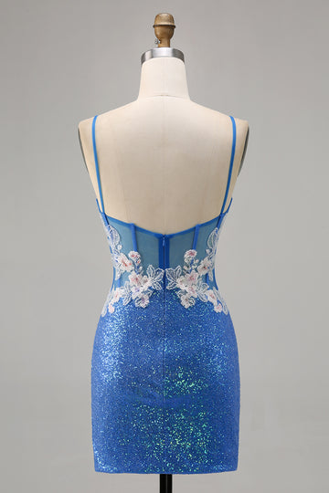 Sparkly Floral Blue Beaded Bodycon Sequins Homecoming Dress with Slit